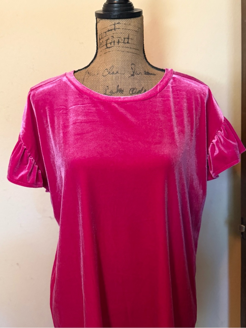 Women's Hot Pink Velvet Short Sleeve Top